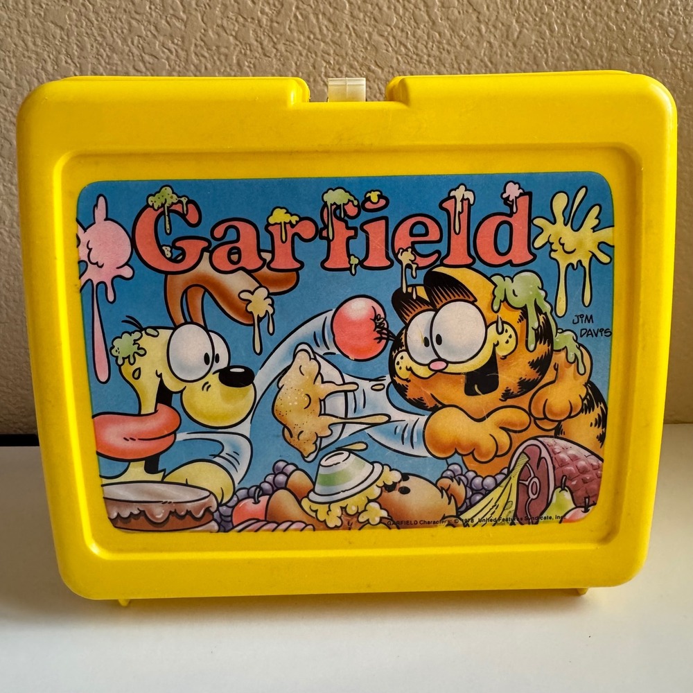 Vintage Garfield Odie Plastic Lunch Box Yellow Thermos 1978 Jim Davis USA Made